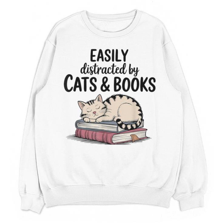 Easily Distracted By Cats And Books Cute Book Lover Unisex Sweatshirt