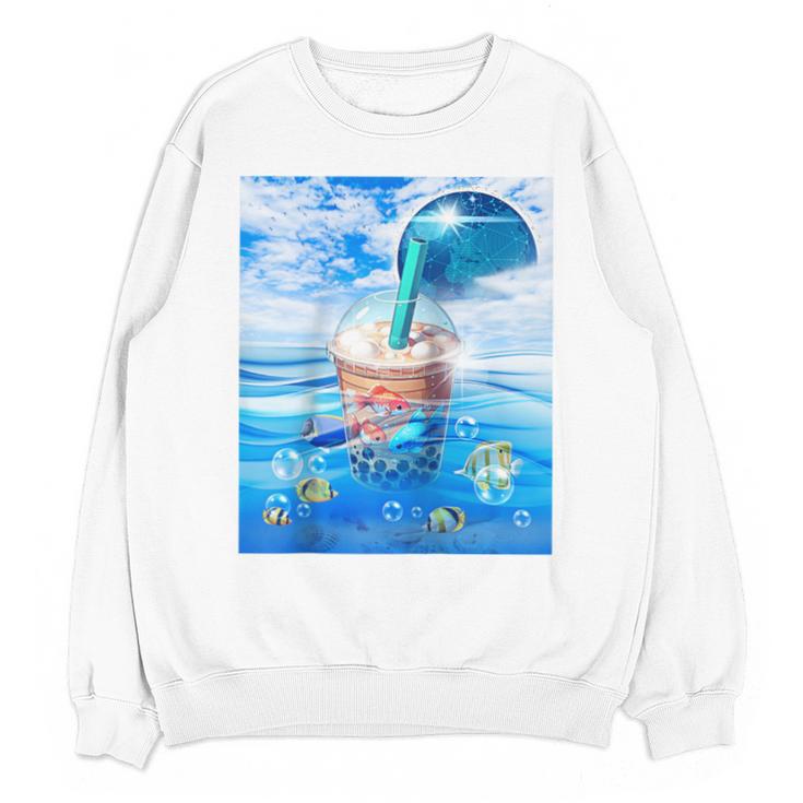 Frutiger Aero Aesthetic Tech Bubble Tea Boba Milktea Fishes Raglan Baseball Tee Unisex Sweatshirt