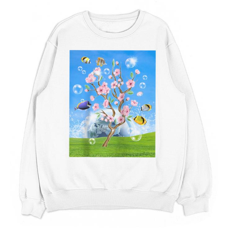 Frutiger Aero Aesthetic Tech Cherry Blossom Fishes Bubbles Raglan Baseball Tee Unisex Sweatshirt