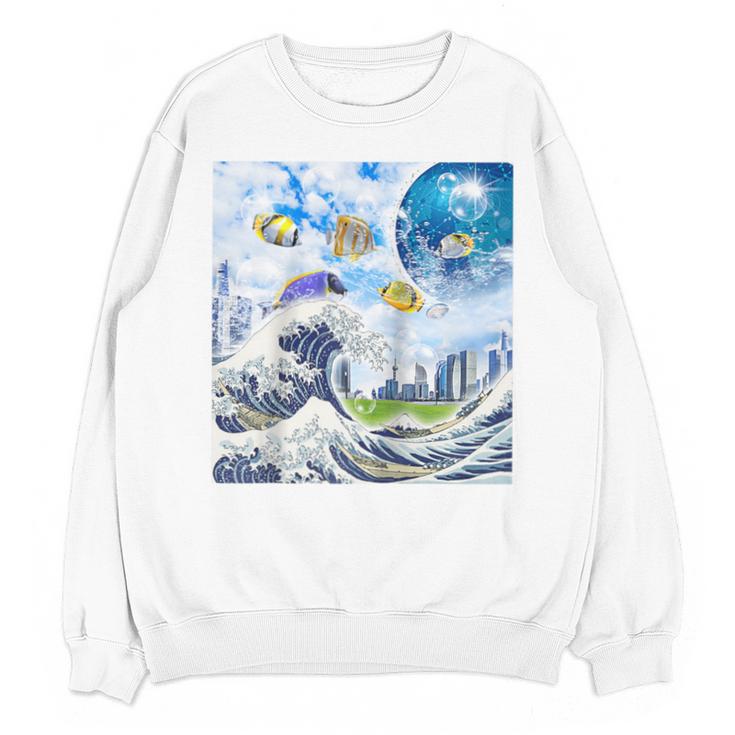 Frutiger Aero Aesthetic Tech Great Wave Of Kanagawa Fishes Raglan Baseball Tee Unisex Sweatshirt
