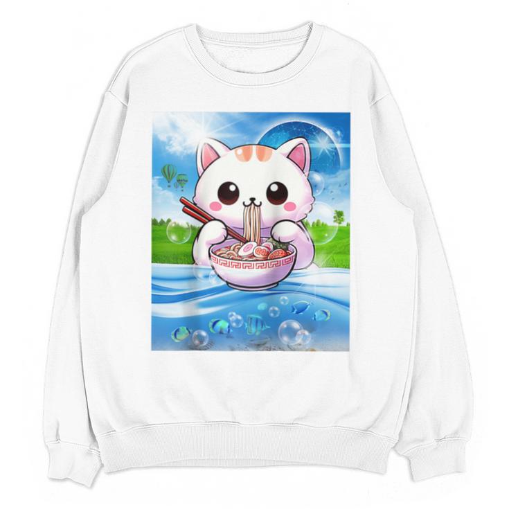 Frutiger Aero Aesthetic Tech Kawaii Ramen Cat Fishes Raglan Baseball Tee Unisex Sweatshirt
