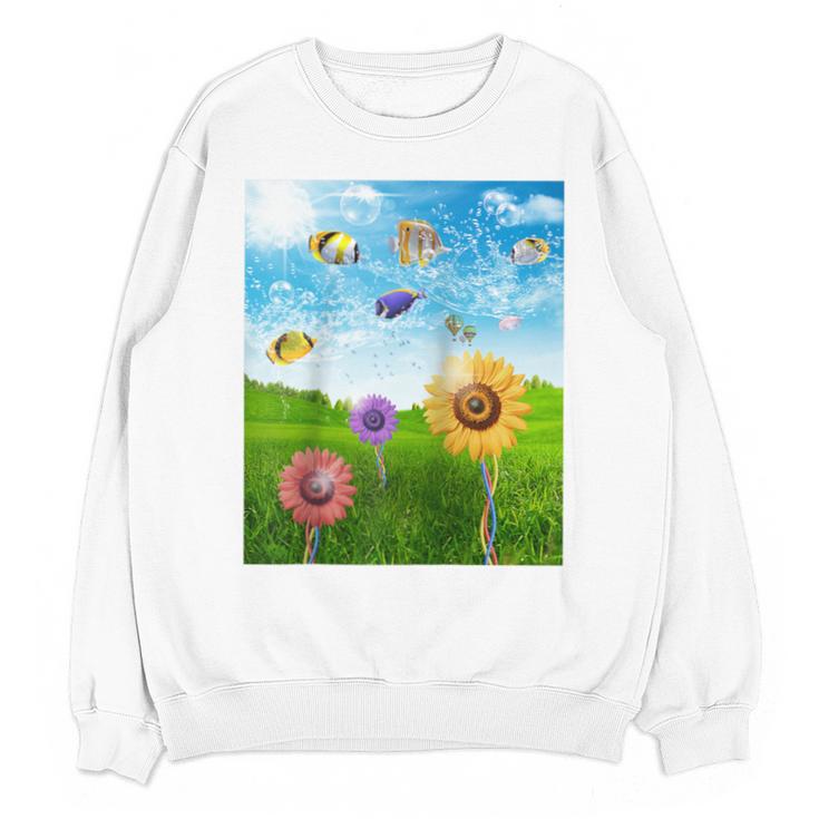 Frutiger Aero Aesthetic Tech Scenery Fishes Sunflower Raglan Baseball Tee Unisex Sweatshirt