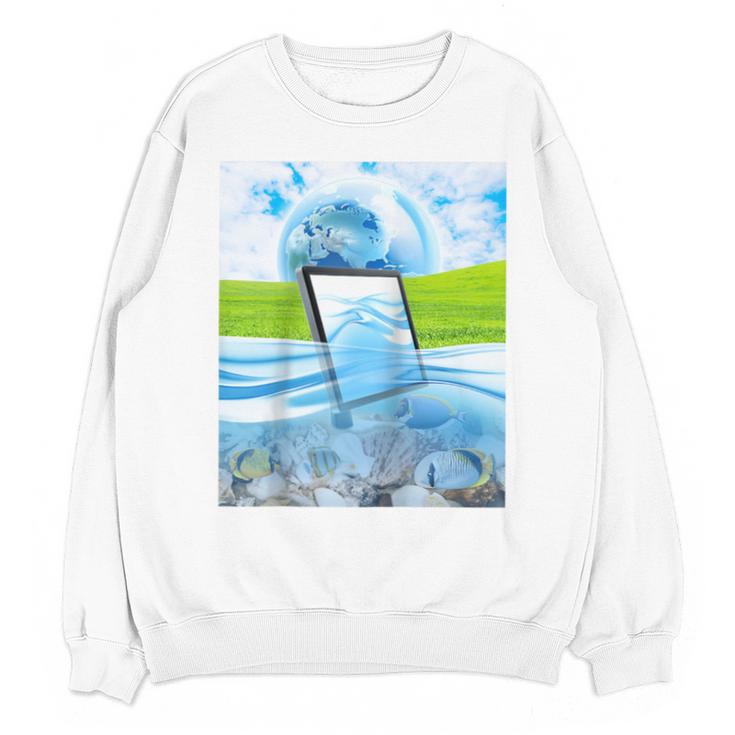 Frutiger Aero Aesthetic Tech Water Fishes Monitor Screen Raglan Baseball Tee Unisex Sweatshirt