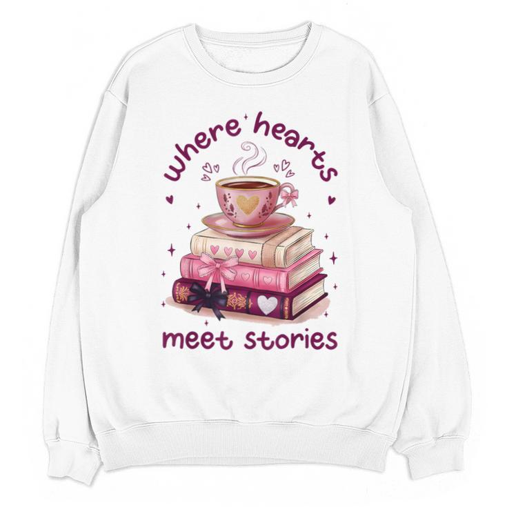 Where Hearts Groovy Meet Stories Coffee Books Valentines Day Unisex Sweatshirt
