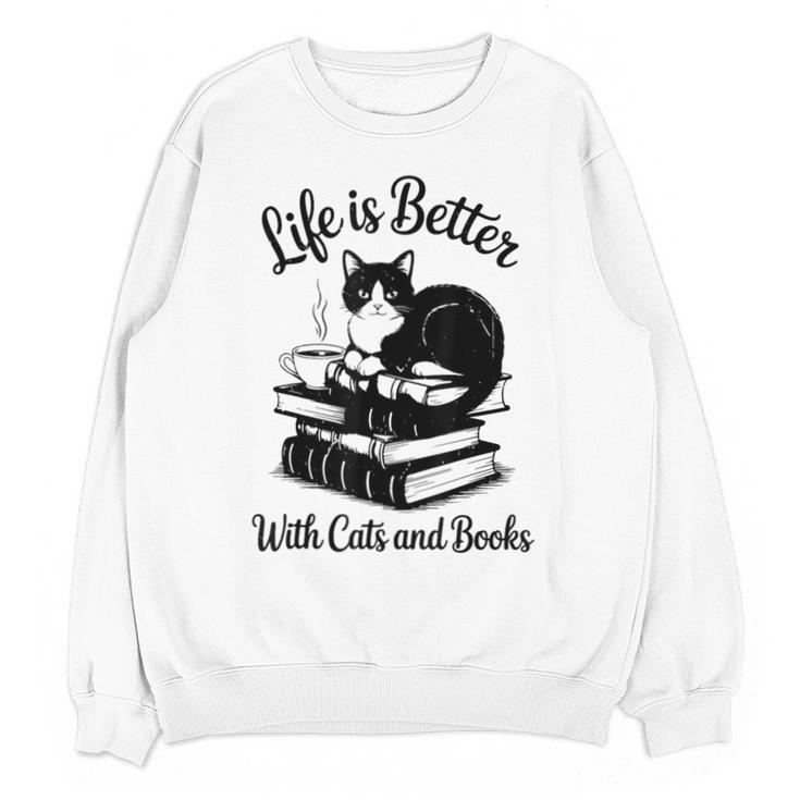 Life Is Better With Cats & Books Tuxedo Cat Mom Women Unisex Sweatshirt