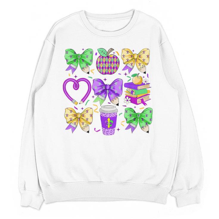Mardi Gras Teacher Coquette Bow Pencil Apple Book Women Girl Unisex Sweatshirt