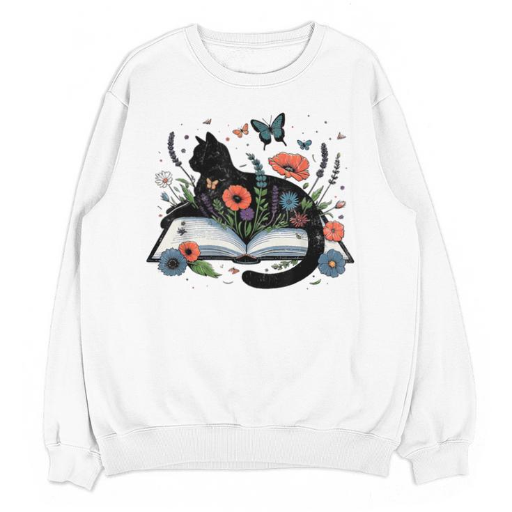 Retro Cute Cat Floral Book Librarian Vintage Floral Cat Book Unisex Sweatshirt