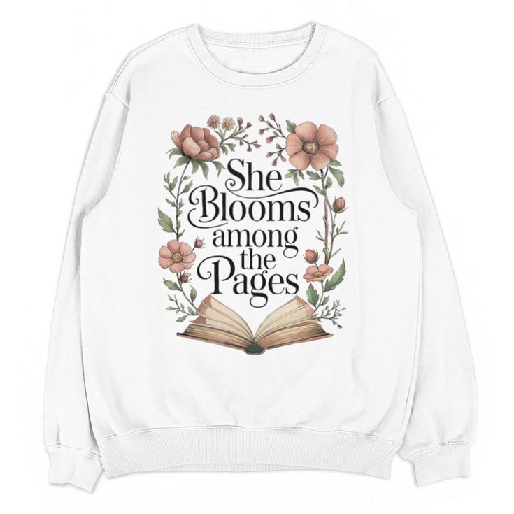 She Blooms Among The Pages Women Mom Wife Floral Book Lover Premium Tri-Blend Unisex Sweatshirt