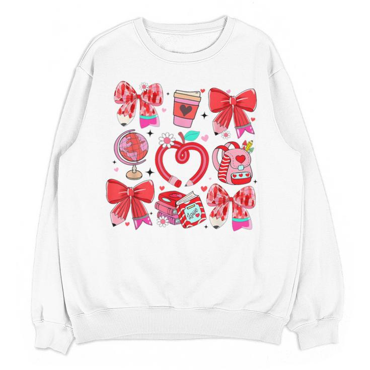 Valentine Teacher Coquette Bow Pencil Heart Book Girl Women Unisex Sweatshirt