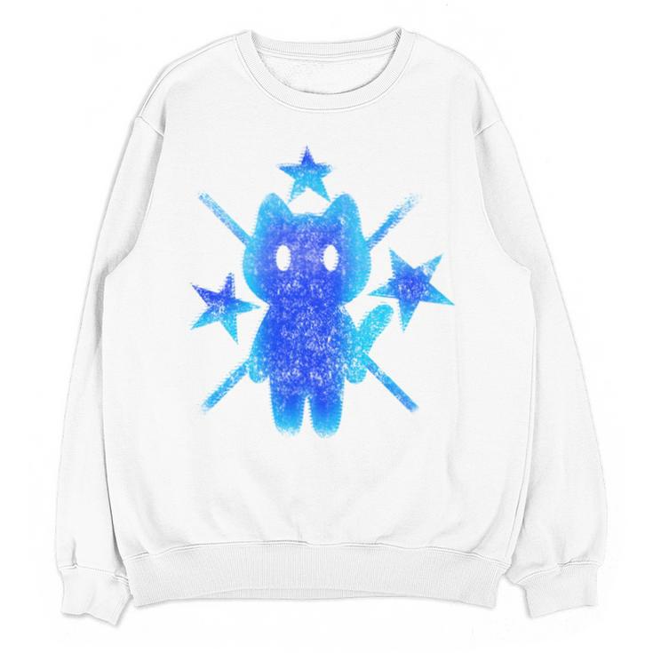 Yk2 Grunge Earthy Blue Cat With Stars Tomboy 90s Nostalgia Unisex Sweatshirt
