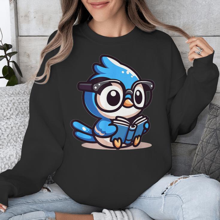 Adorable Book Lover Blue Jay With Reading Glasses Cute Unisex Sweatshirt