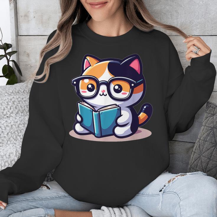 Adorable Book Lover Calico Cat With Reading Glasses Cute For Men Women Kids Unisex Sweatshirt