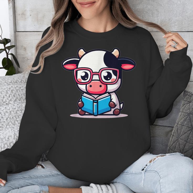 Adorable Book Lover Cow With Reading Glasses Cute Unisex Sweatshirt Adorable Book Lover Cow With Reading Glasses Cute Unisex Sweatshirt