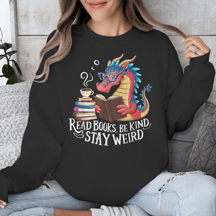 Adorable Book Lover Dragon Read Books Be Kind Stay Weird Unisex Sweatshirt