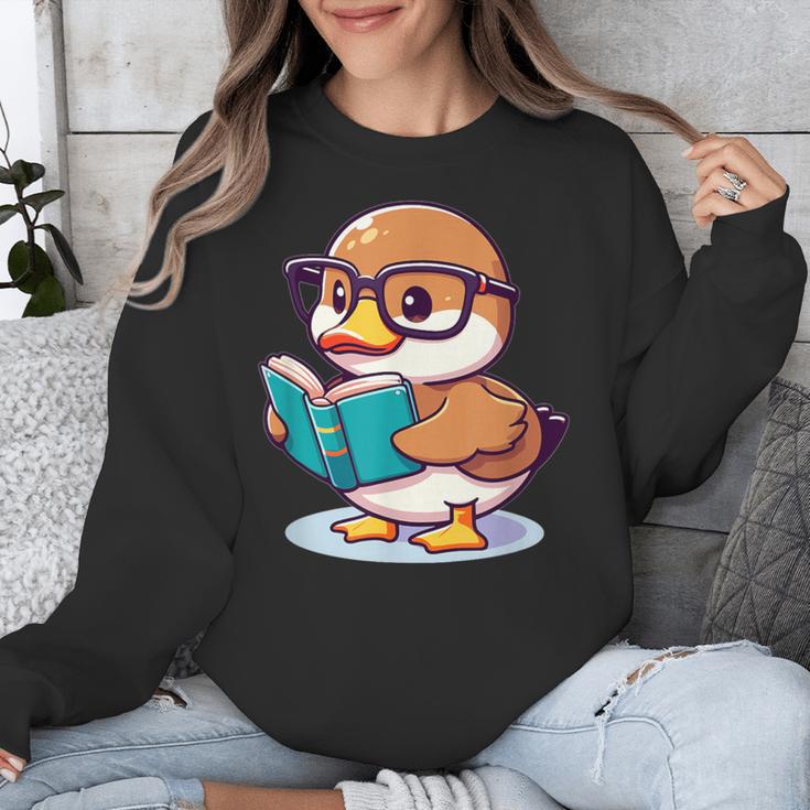 Adorable Book Lover Mallard Duck With Reading Glasses Cute Unisex Sweatshirt