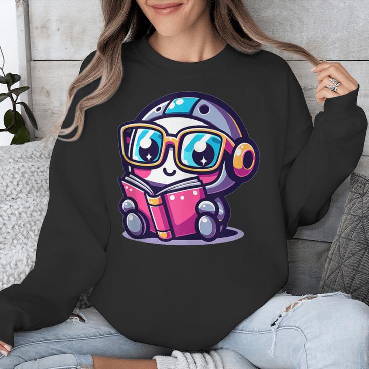 Adorable Book Lover Robot With Reading Glasses Cute Unisex Sweatshirt
