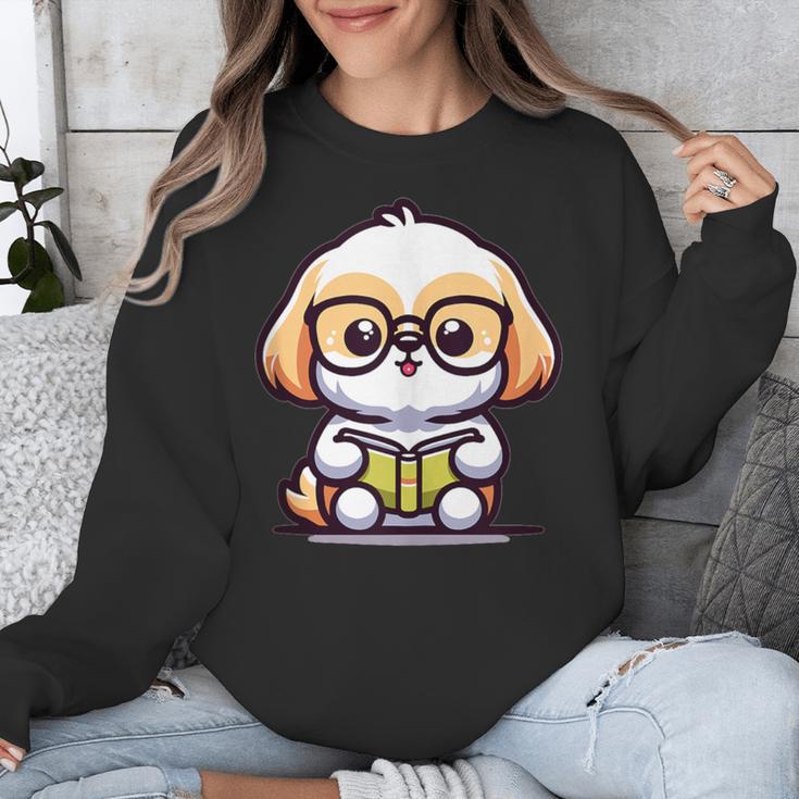 Adorable Book Lover Shih Tzu With Reading Glasses Cute Unisex Sweatshirt