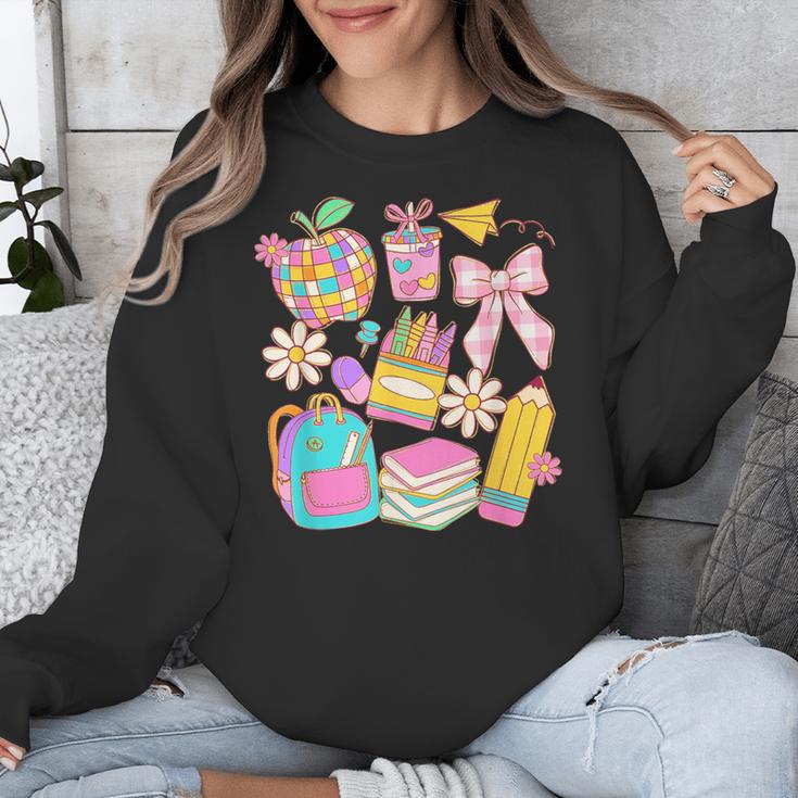 Apple Disco Pencil Books Bow Teacher Student Back To School Unisex Sweatshirt