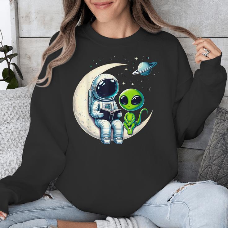 Astronaut Reading Book To Alien Shirt Moon Space Lover Kids Unisex Sweatshirt