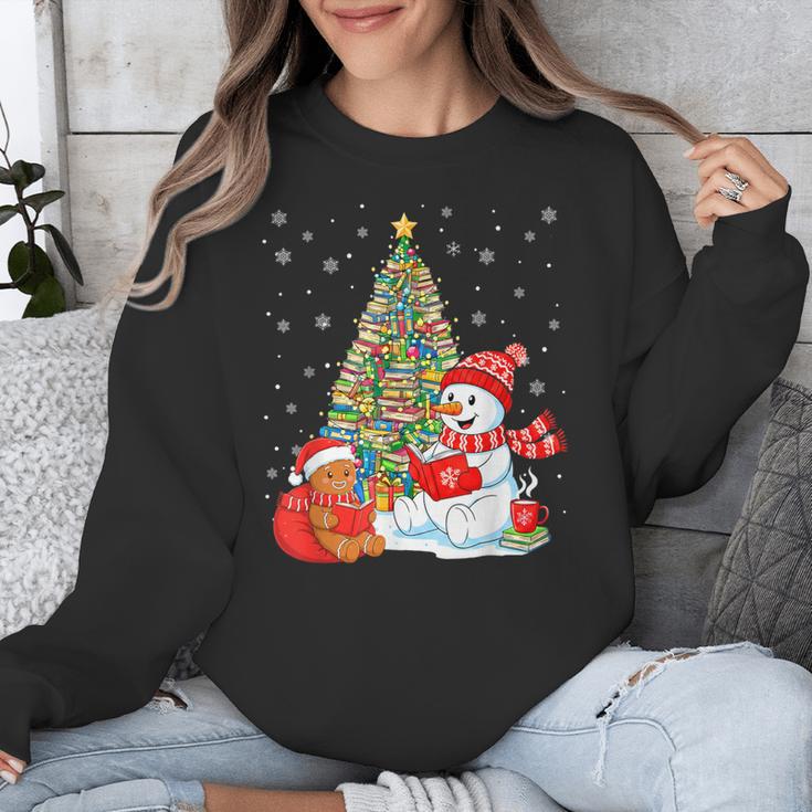 Book Christmas Tree Bookworm Gingerbread Man Snowman Reading Unisex Sweatshirt