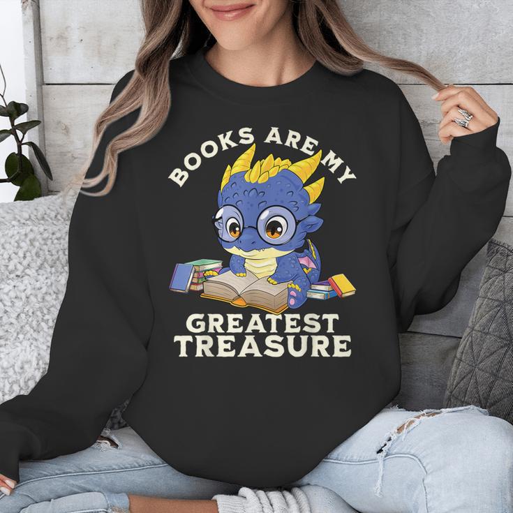 Books Are My Greatest Treasure Kawaii Dragon Reading Books Unisex Sweatshirt