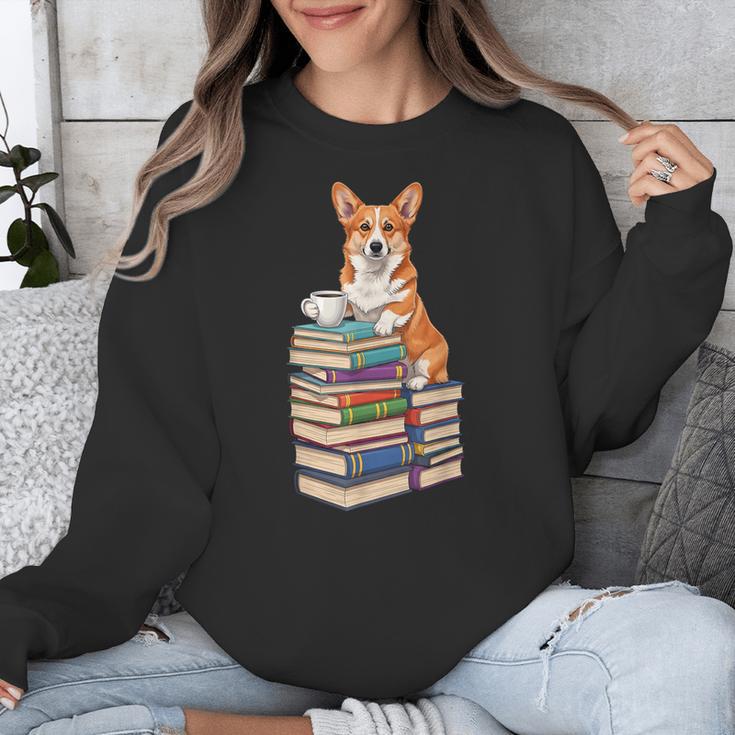 Bookworm Corgi Reading Books Drinking Coffee Dog Lover Unisex Sweatshirt