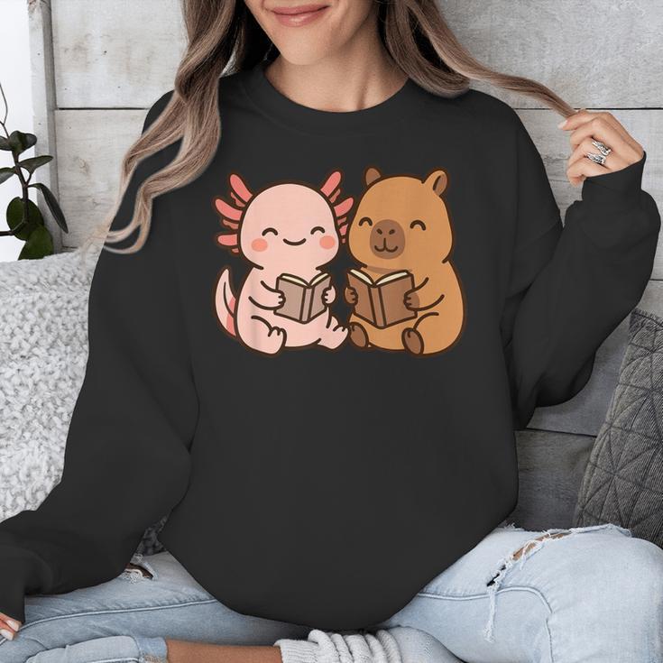 Capybara Axolotl Kawaii Kids Anime Book Lover Reading Unisex Sweatshirt