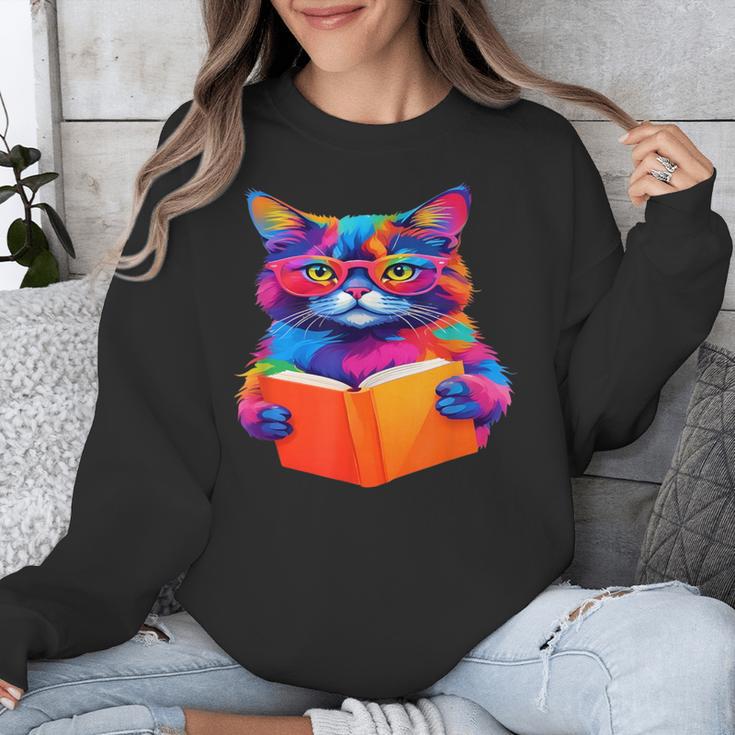Cat Book Shirt Colorful Cat Reading Book Unisex Sweatshirt