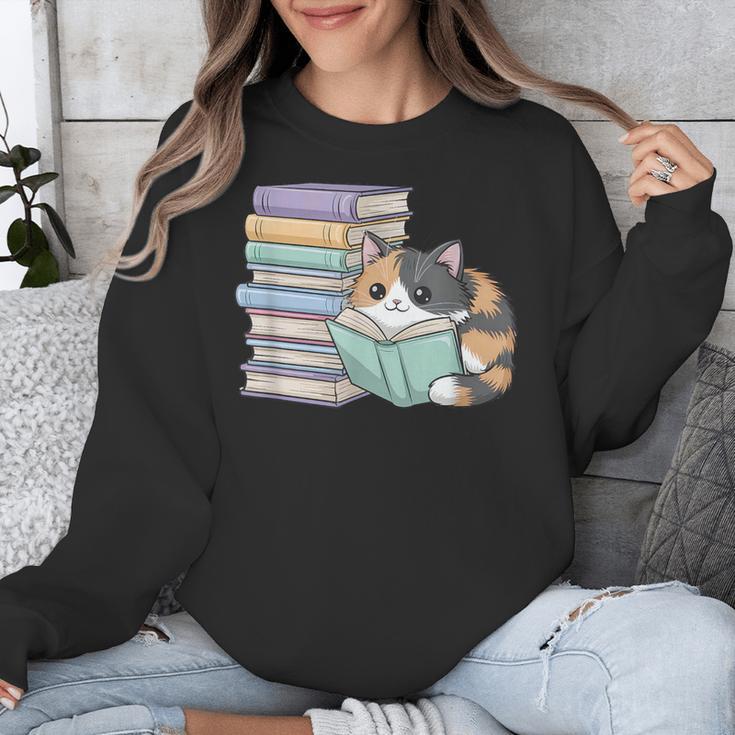 Cat On Books Pets Cats Reading Book Nerd Read Reader Bookcat Unisex Sweatshirt
