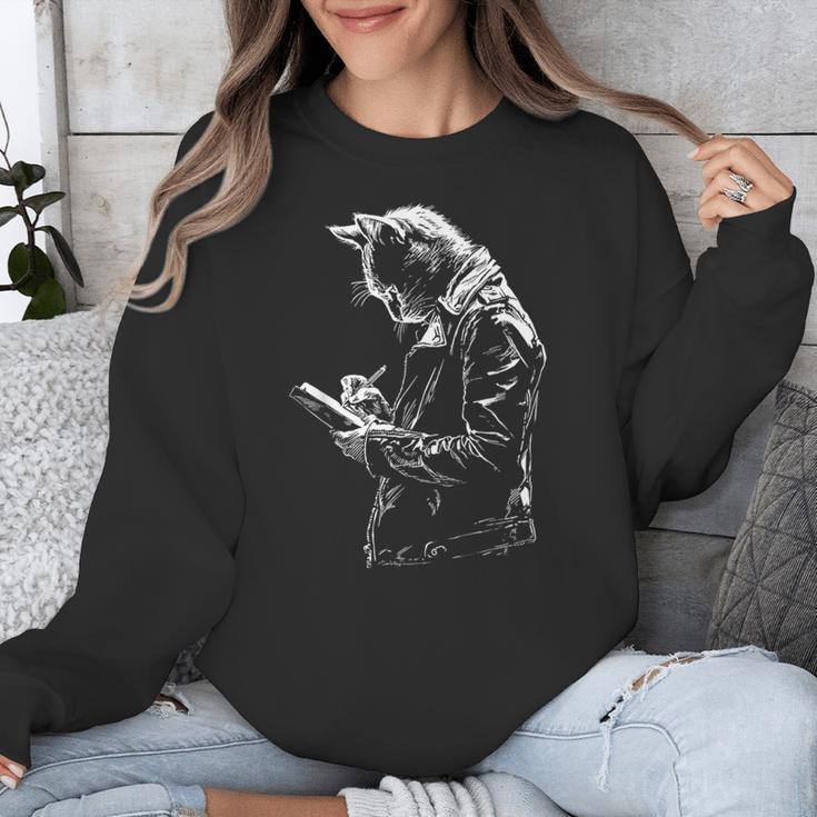 Cat Holds Book Writing Animal Print Motif Drawing Art Cat Unisex Sweatshirt