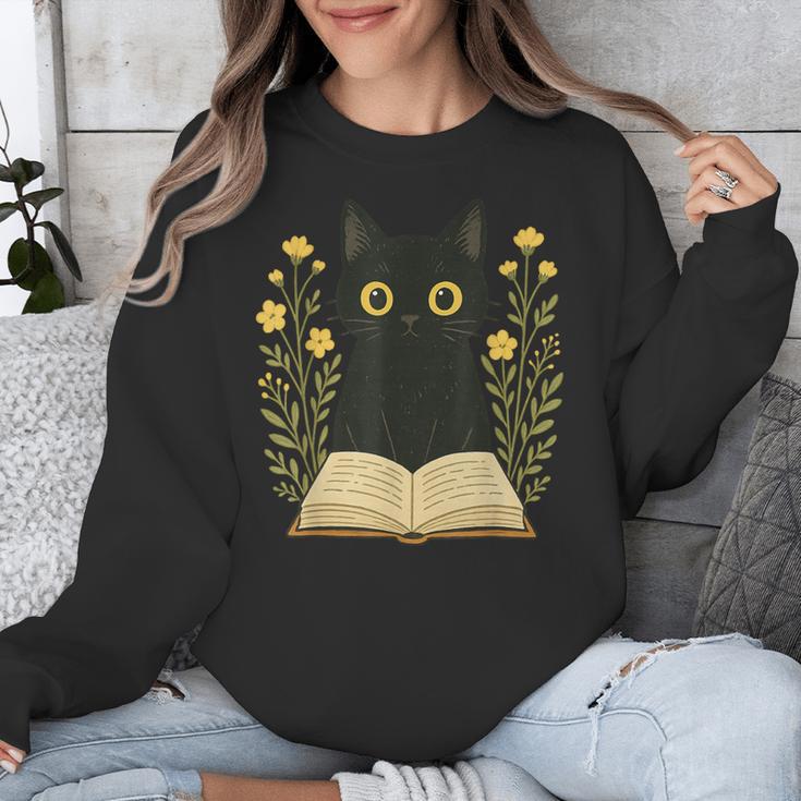 Cat Reading Book Flowers Unisex Sweatshirt