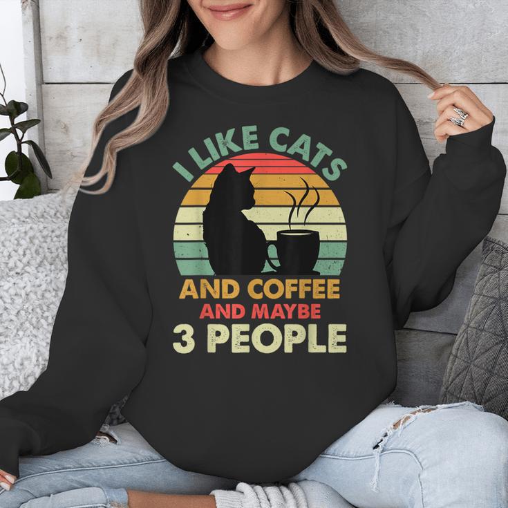 Cats Coffee & 3 People Tee Cute Font Introvert Humor Unisex Sweatshirt