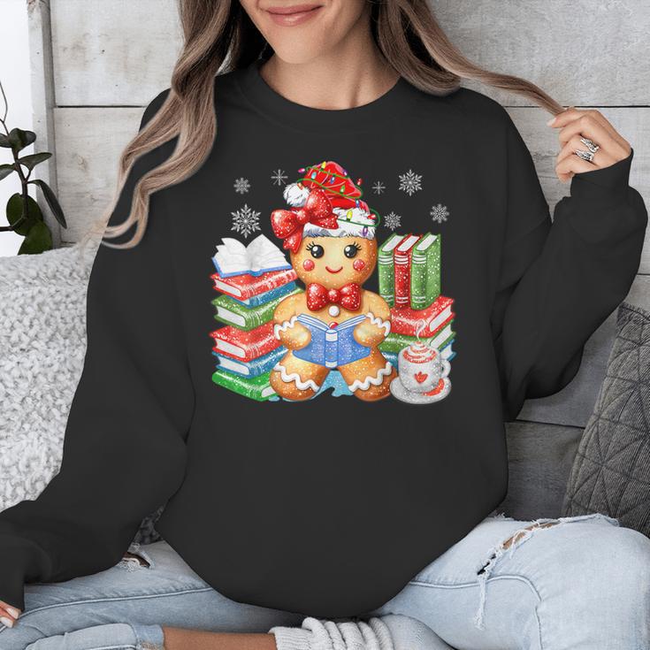 Christmas Gingerbread Man Reading Book Snowflake Teacher Unisex Sweatshirt