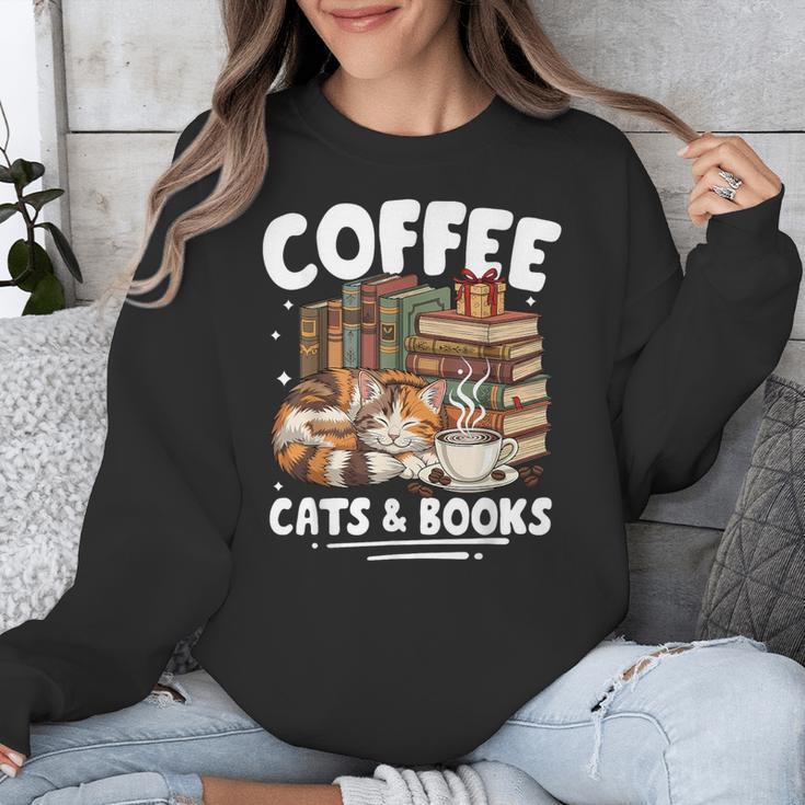 Coffee Cats And Books Cats And Reading Lovers Unisex Sweatshirt