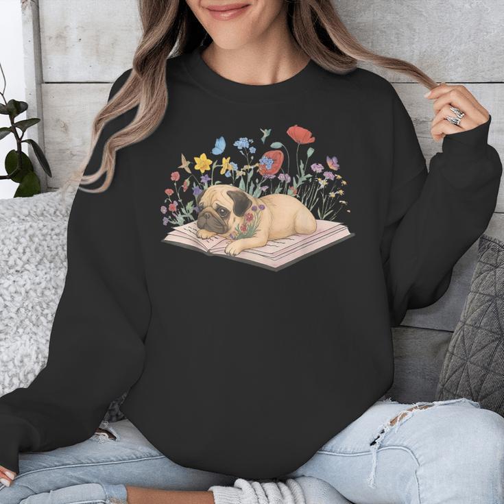 Color Floral Cute Pug Dog On Book Reading Bookworm Reader Unisex Sweatshirt
