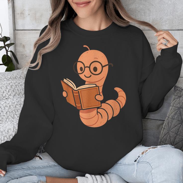 Cute Bookworm Worm Reading Book Glasses Nerdy Unisex Sweatshirt