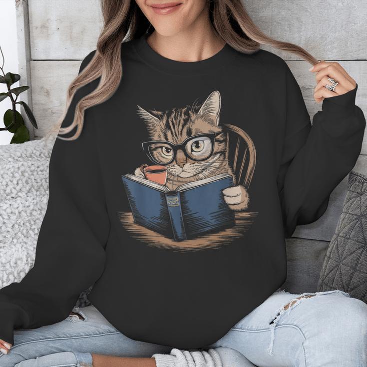 Cute Cat Reading Books With Tea Unisex Sweatshirt
