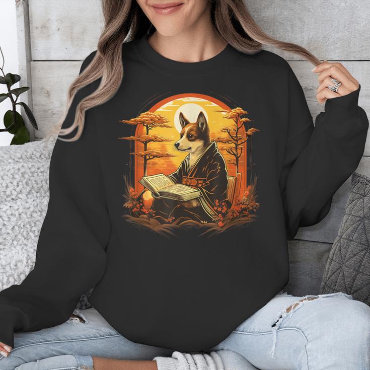 Cute Corgi Dog In Japanese Kimono With Book Men Women Girls Kids Unisex Sweatshirt