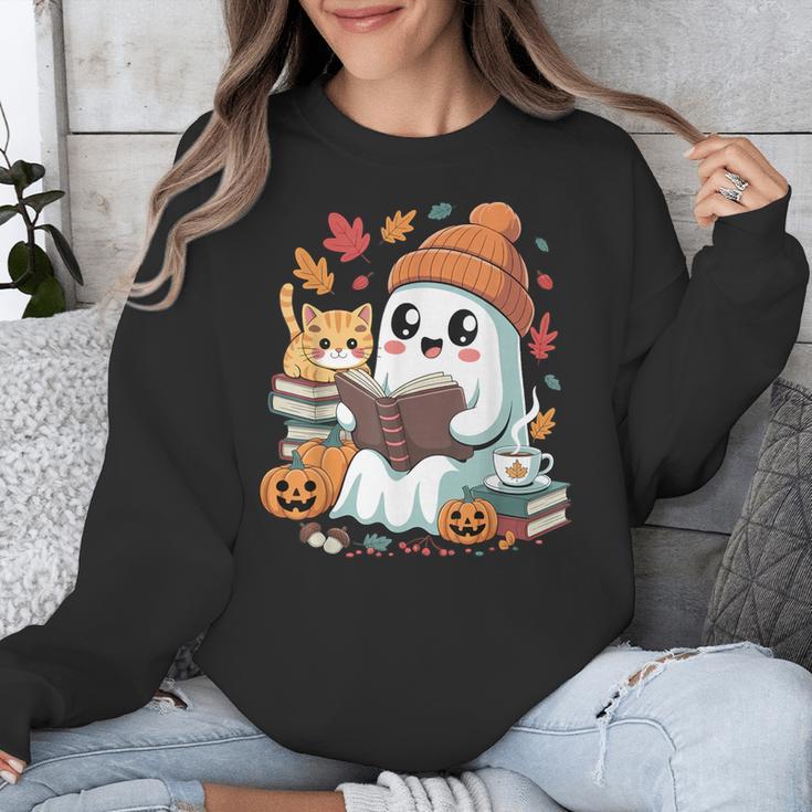Cute Cozy Ghost Reading With Cat Book Lover Autumn Fall Unisex Sweatshirt Cute Cozy Ghost Reading With Cat Book Lover Autumn Fall Unisex Sweatshirt