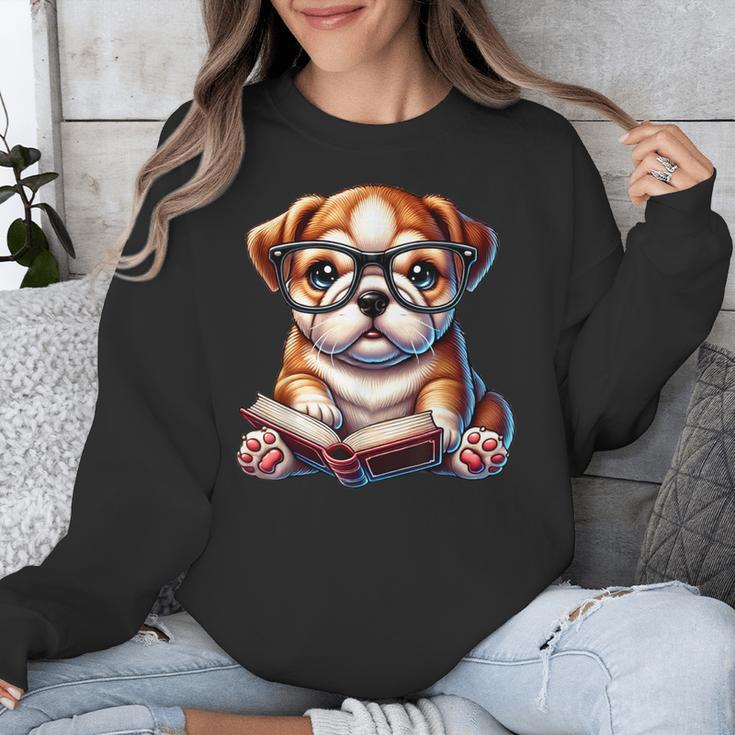 Cute Dog Puppy English Bulldog Reading Book Unisex Sweatshirt