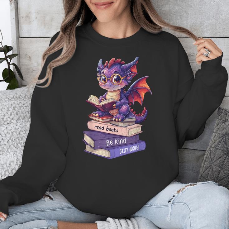 Cute Dragon Read Books Be Kind Stay Weird Book Lover Unisex Sweatshirt