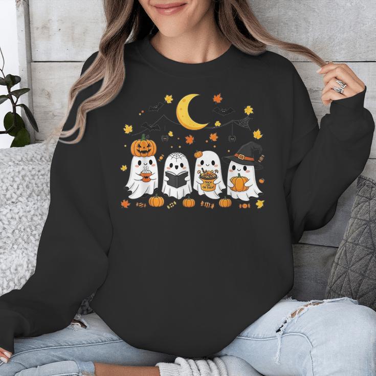 Cute Ghost Drinking Coffee Halloween Fall Ghost Book Reading Unisex Sweatshirt