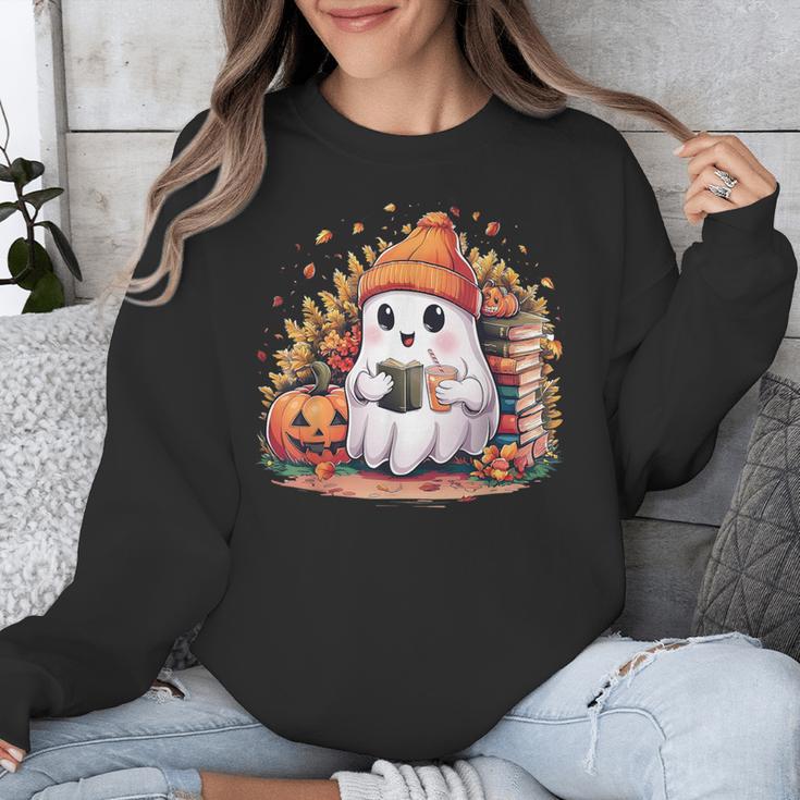 Cute Ghost Drinking Coffee Halloween Reading Book Retro Unisex Sweatshirt Cute Ghost Drinking Coffee Halloween Reading Book Retro Unisex Sweatshirt