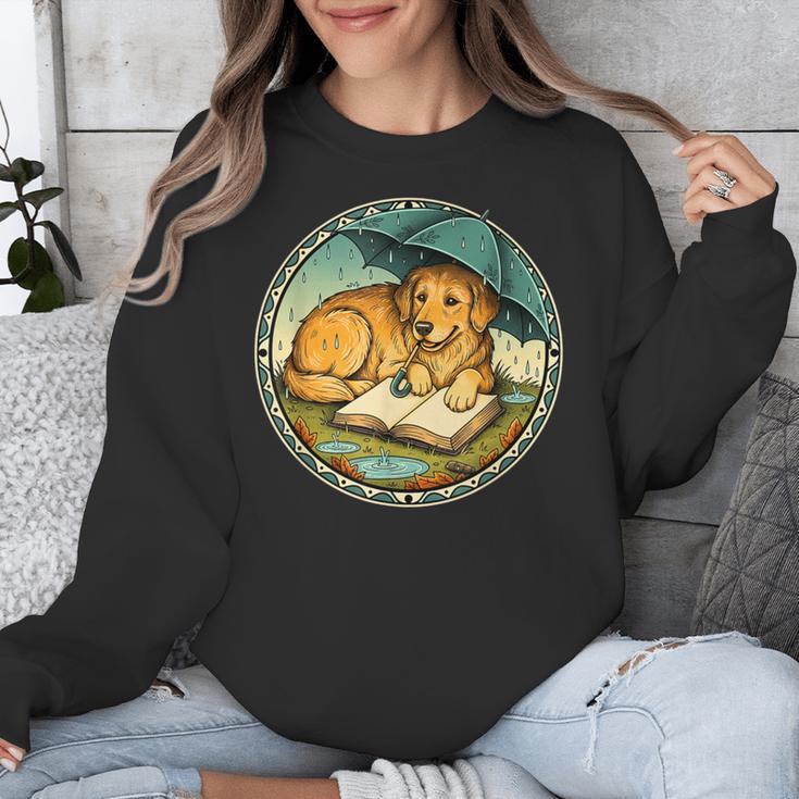 Dog Reading Book Rain Cozy Umbrella Cute Art Men Unisex Sweatshirt