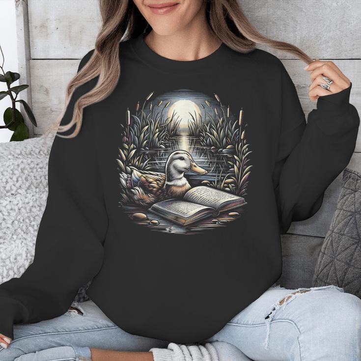 Duck Reading Book Full Moon Lake Scenery Unisex Sweatshirt