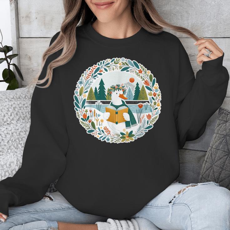 Duck Wilderness Book Reading Illustration Floral Unisex Sweatshirt