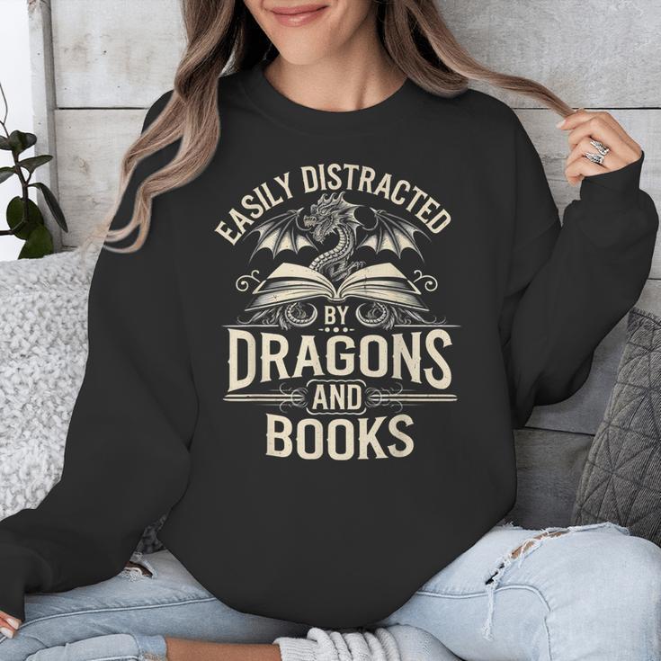 Easily Distracted By Books & Dragons Bookworm Reading Unisex Sweatshirt