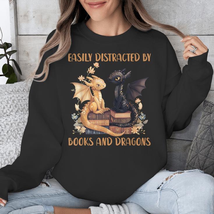 Easily Distracted By Books & Dragons Librarian Book Lover Unisex Sweatshirt