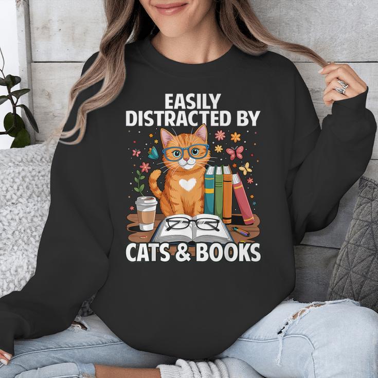 Easily Distracted By Cats And Books Book Lover Cat Unisex Sweatshirt