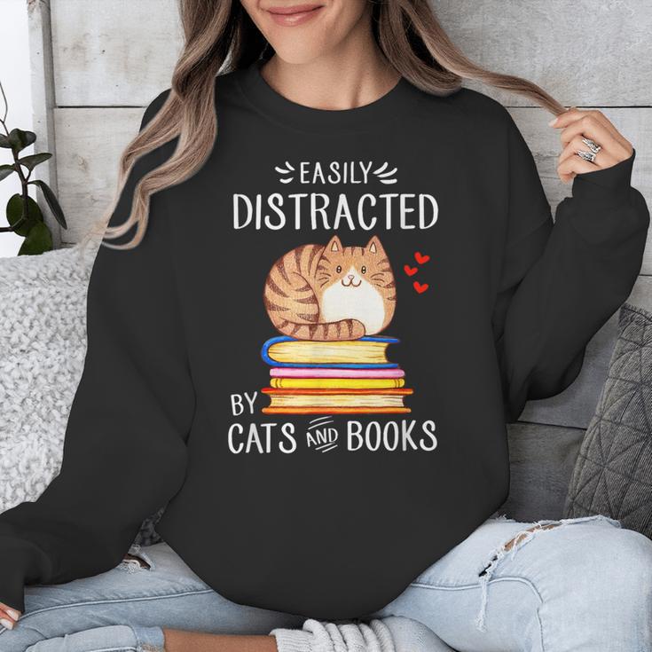 Easily Distracted By Cats And Books Reading Lover Bookish Unisex Sweatshirt